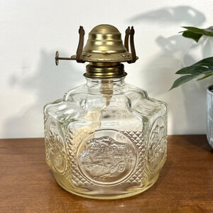 Vintage Lamplight Farms Embossed Glass Oil Lamp Farm Scene Clear No Hurricane